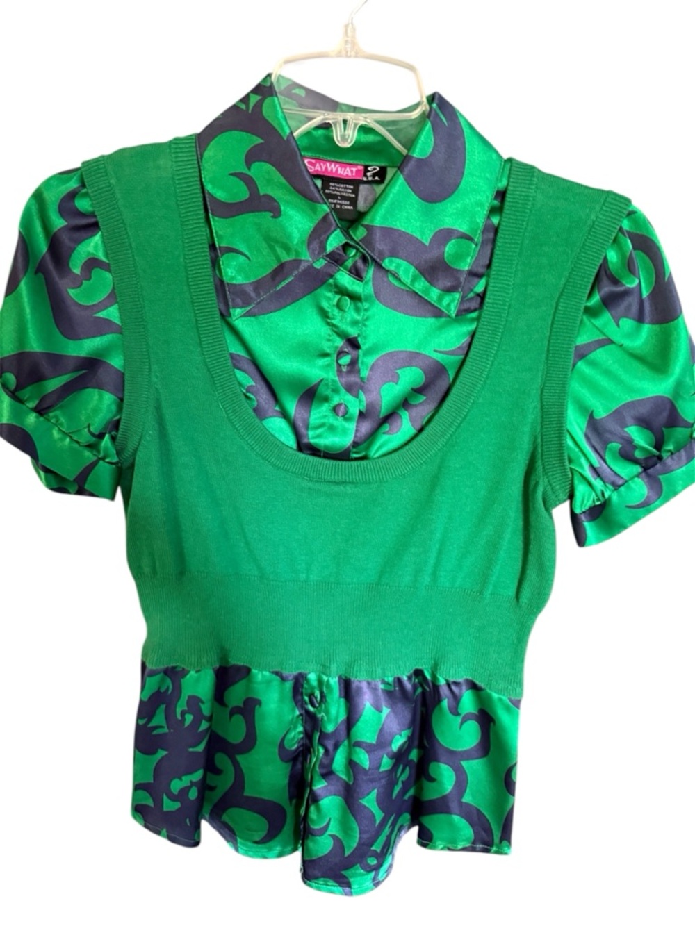 Say What?  Mixed Media Green Patterned Layered Short Sleeve Top Sz. L GUC